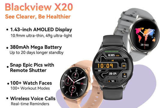 Blackview X20 Smartwatch 2024 AMOLED Hi-Fi Bluetooth Phone Calls Fitness